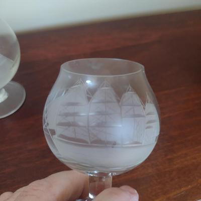 Five Piece Cordial Set with Etched Ship Design- Decanter and Four Glasses