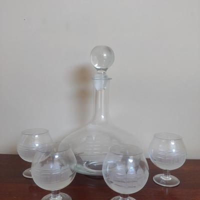 Five Piece Cordial Set with Etched Ship Design- Decanter and Four Glasses