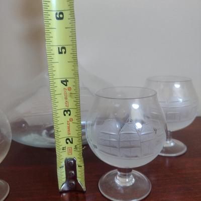 Five Piece Cordial Set with Etched Ship Design- Decanter and Four Glasses
