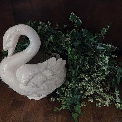 Large, Porcelain Swan with Artificial Greenery- Approx 17 1/4" Tall