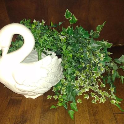 Large, Porcelain Swan with Artificial Greenery- Approx 17 1/4" Tall