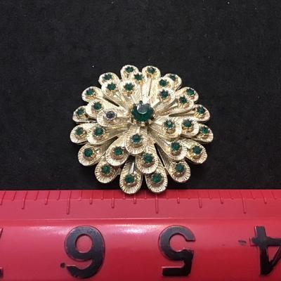 Beautiful Peacock Green Rhinestone Vintage Brooch