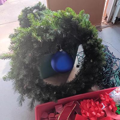 LIGHTED GARLAND AND LARGE WREATH, CHRISTMAS LIGHTS, EXTENSION CORDS AND MORE