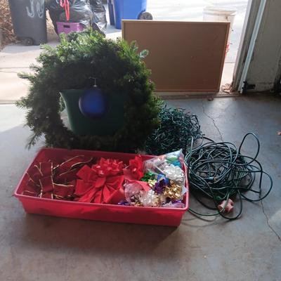 LIGHTED GARLAND AND LARGE WREATH, CHRISTMAS LIGHTS, EXTENSION CORDS AND MORE