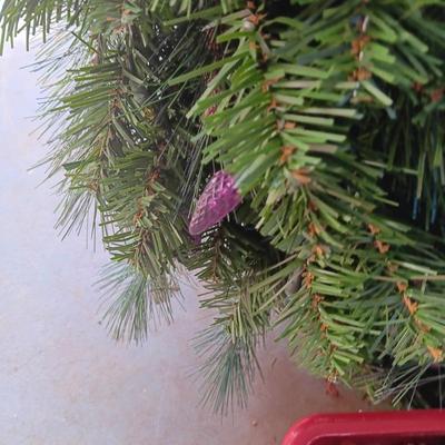 LIGHTED GARLAND AND LARGE WREATH, CHRISTMAS LIGHTS, EXTENSION CORDS AND MORE