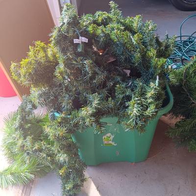 LIGHTED GARLAND AND LARGE WREATH, CHRISTMAS LIGHTS, EXTENSION CORDS AND MORE