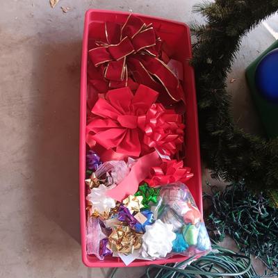 LIGHTED GARLAND AND LARGE WREATH, CHRISTMAS LIGHTS, EXTENSION CORDS AND MORE