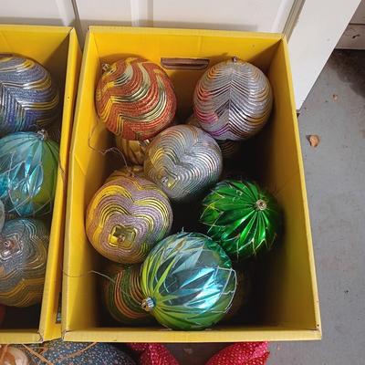 2 BOXES OF 6 INCH ROUND ORNAMENTS, PLUSH DOLL AND TREE PLUS A THROW PILLOW