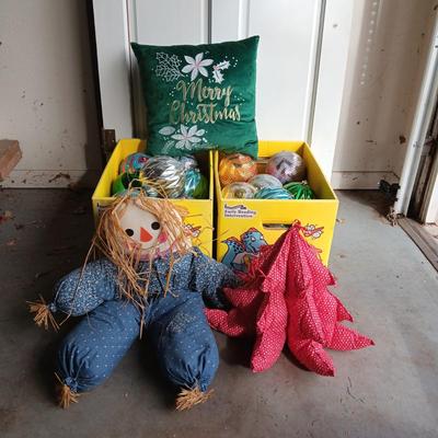 2 BOXES OF 6 INCH ROUND ORNAMENTS, PLUSH DOLL AND TREE PLUS A THROW PILLOW