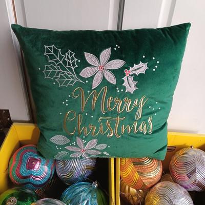 2 BOXES OF 6 INCH ROUND ORNAMENTS, PLUSH DOLL AND TREE PLUS A THROW PILLOW