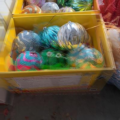 2 BOXES OF 6 INCH ROUND ORNAMENTS, PLUSH DOLL AND TREE PLUS A THROW PILLOW