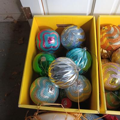 2 BOXES OF 6 INCH ROUND ORNAMENTS, PLUSH DOLL AND TREE PLUS A THROW PILLOW