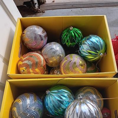 2 BOXES OF 6 INCH ROUND ORNAMENTS, PLUSH DOLL AND TREE PLUS A THROW PILLOW
