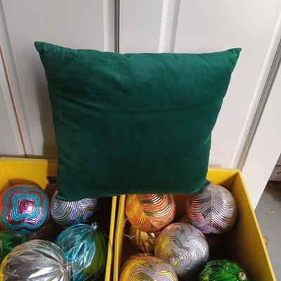 2 BOXES OF 6 INCH ROUND ORNAMENTS, PLUSH DOLL AND TREE PLUS A THROW PILLOW
