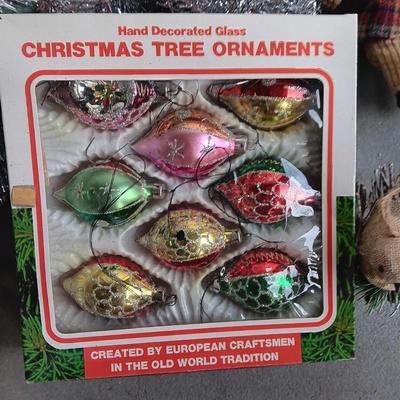 VINTAGE GLASS ORNAMENTS, SILVER GARLAND AND MORE