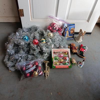 VINTAGE GLASS ORNAMENTS, SILVER GARLAND AND MORE