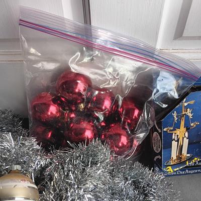 VINTAGE GLASS ORNAMENTS, SILVER GARLAND AND MORE