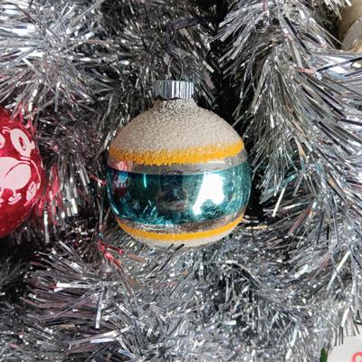 VINTAGE GLASS ORNAMENTS, SILVER GARLAND AND MORE