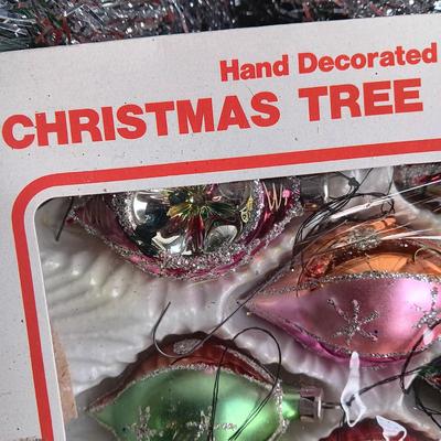 VINTAGE GLASS ORNAMENTS, SILVER GARLAND AND MORE