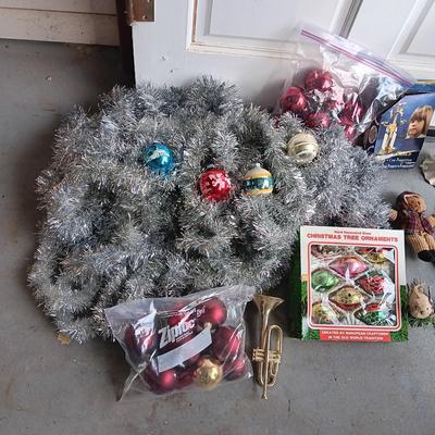 VINTAGE GLASS ORNAMENTS, SILVER GARLAND AND MORE