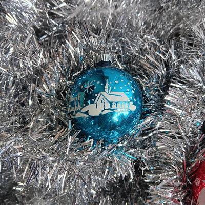 VINTAGE GLASS ORNAMENTS, SILVER GARLAND AND MORE