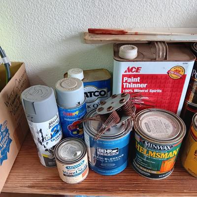 PARTIALLY FULL CANS OF STAIN AND PAINT SUPPLIES