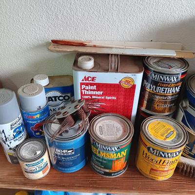 PARTIALLY FULL CANS OF STAIN AND PAINT SUPPLIES