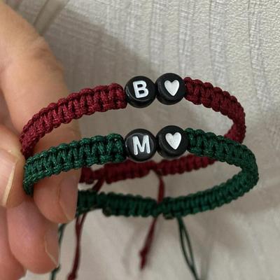 Burgundy "R♡" Love Initial Bracelet w/Black Initial Bead - Personalized Adjustable Knotted Bracelet