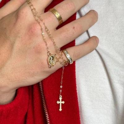 Y2K Gold Rosary Bead Style Jesus Piece Necklace w/Cross