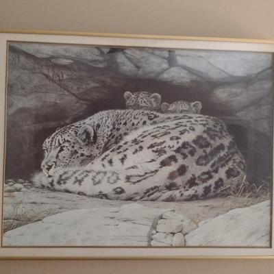 'Snow Leopard Mother and Cubs' Signed Print by Guy Coheleach- Framed Under Glass- Approx 26" x 19 1/4"