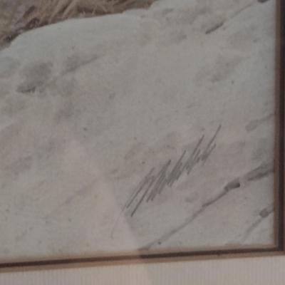 'Snow Leopard Mother and Cubs' Signed Print by Guy Coheleach- Framed Under Glass- Approx 26" x 19 1/4"