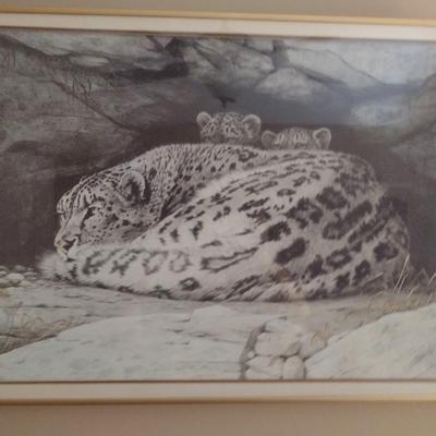 'Snow Leopard Mother and Cubs' Signed Print by Guy Coheleach- Framed Under Glass- Approx 26" x 19 1/4"