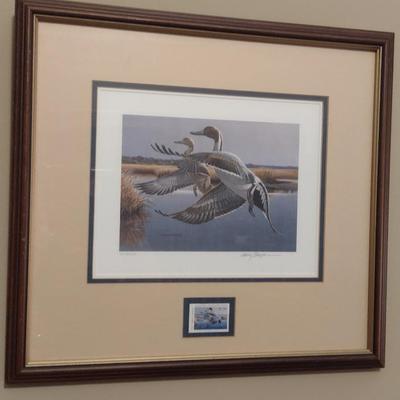NC State Duck Stamp and Limited Edition Print by Larry Barton- Double Signed and Numbered- Framed Under Glass- Approx 17" x 19"