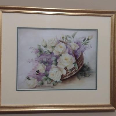 Floral Painting by Local Artist- Framed Under Glass- Approx 23" x 19"