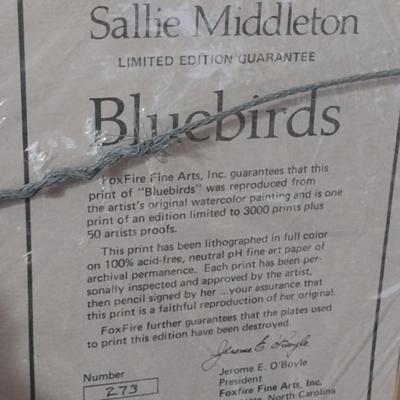 'Bluebirds' by Sallie Ellington Middleton- Double Signed and Numbered- Framed Under Glass- Approx 30 3/4" x 26 1/4"