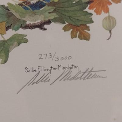 'Bluebirds' by Sallie Ellington Middleton- Double Signed and Numbered- Framed Under Glass- Approx 30 3/4" x 26 1/4"