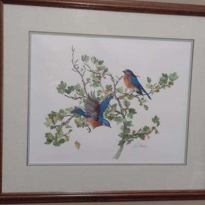 'Bluebirds' by Sallie Ellington Middleton- Double Signed and Numbered- Framed Under Glass- Approx 30 3/4" x 26 1/4"