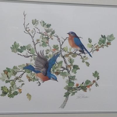 'Bluebirds' by Sallie Ellington Middleton- Double Signed and Numbered- Framed Under Glass- Approx 30 3/4" x 26 1/4"
