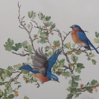 'Bluebirds' by Sallie Ellington Middleton- Double Signed and Numbered- Framed Under Glass- Approx 30 3/4" x 26 1/4"