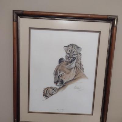'Cougar & Cubs' by Guy Coheleach- Double Signed- Framed Under Glass- Approx 29 3/4" x 34 1/4"