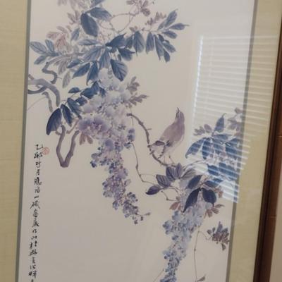 Asian Bird on Branches Print with Marks- Framed Under Glass- Approx 26 1/4" x 34 1/2"