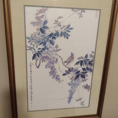 Asian Bird on Branches Print with Marks- Framed Under Glass- Approx 26 1/4" x 34 1/2"