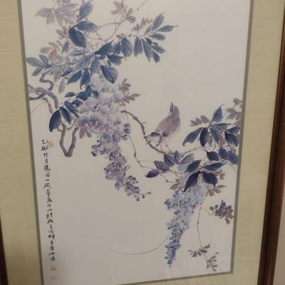 Asian Bird on Branches Print with Marks- Framed Under Glass- Approx 26 1/4" x 34 1/2"