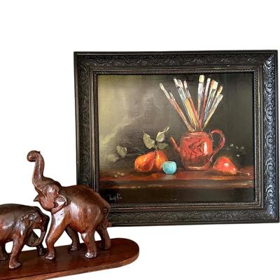 Art - Still Life by Timothy Rice + Decor -Celtic Cross, & Carved Wood Elephant