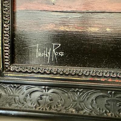 Art - Still Life by Timothy Rice + Decor -Celtic Cross, & Carved Wood Elephant