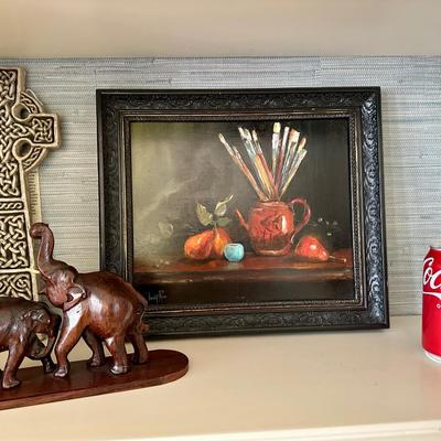 Art - Still Life by Timothy Rice + Decor -Celtic Cross, & Carved Wood Elephant