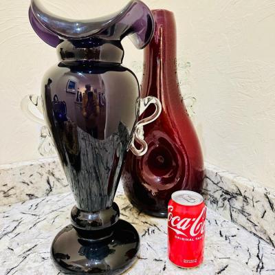 Decor - Art Glass - Pair of Vases Blue & Red