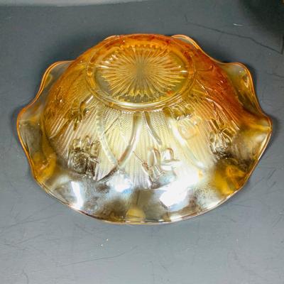 LO 232: Collection of Beautiful Amber/Marigold Art Glass - Depresion Glass Bowl, Marigold Carnival Glass Ruffled Edge Bowl and Candy...