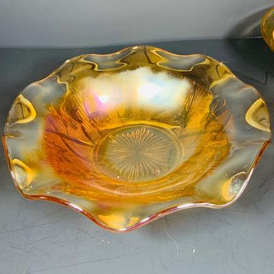 LO 232: Collection of Beautiful Amber/Marigold Art Glass - Depresion Glass Bowl, Marigold Carnival Glass Ruffled Edge Bowl and Candy...