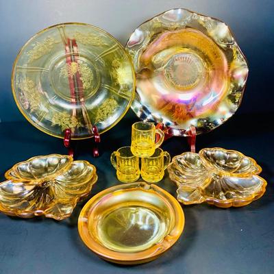 LO 232: Collection of Beautiful Amber/Marigold Art Glass - Depresion Glass Bowl, Marigold Carnival Glass Ruffled Edge Bowl and Candy...